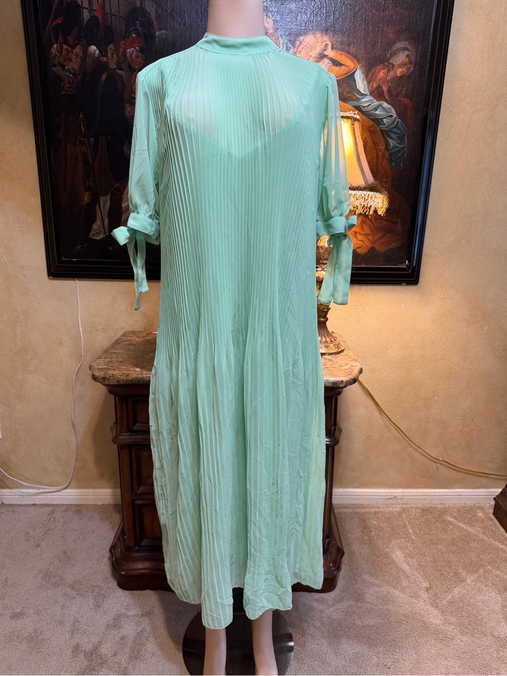 ASOS Mint Green Pleated Midi Dress with Tie Sleeve Accents